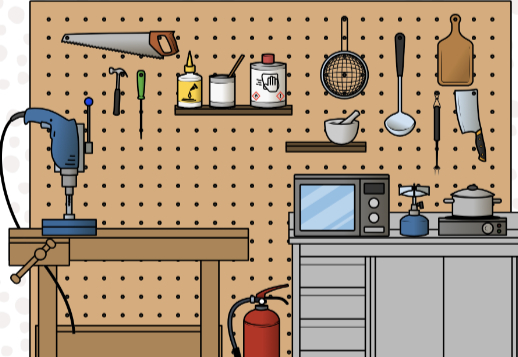 Workbench and kitchenette